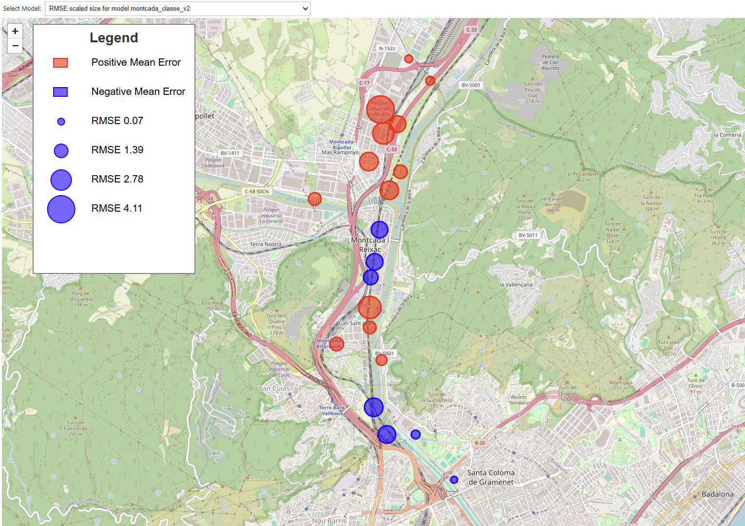 Mapping the observation points with their RMSE for a specific model